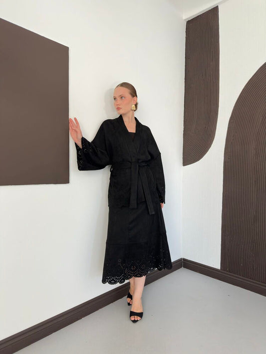 Laser-Cut Suede Kimono Jacket in Black