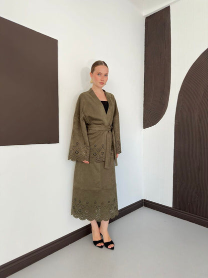 Laser-Cut Suede Kimono Jacket in Khaki