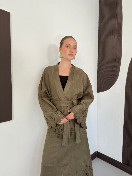 Laser-Cut Suede Kimono Jacket in Khaki