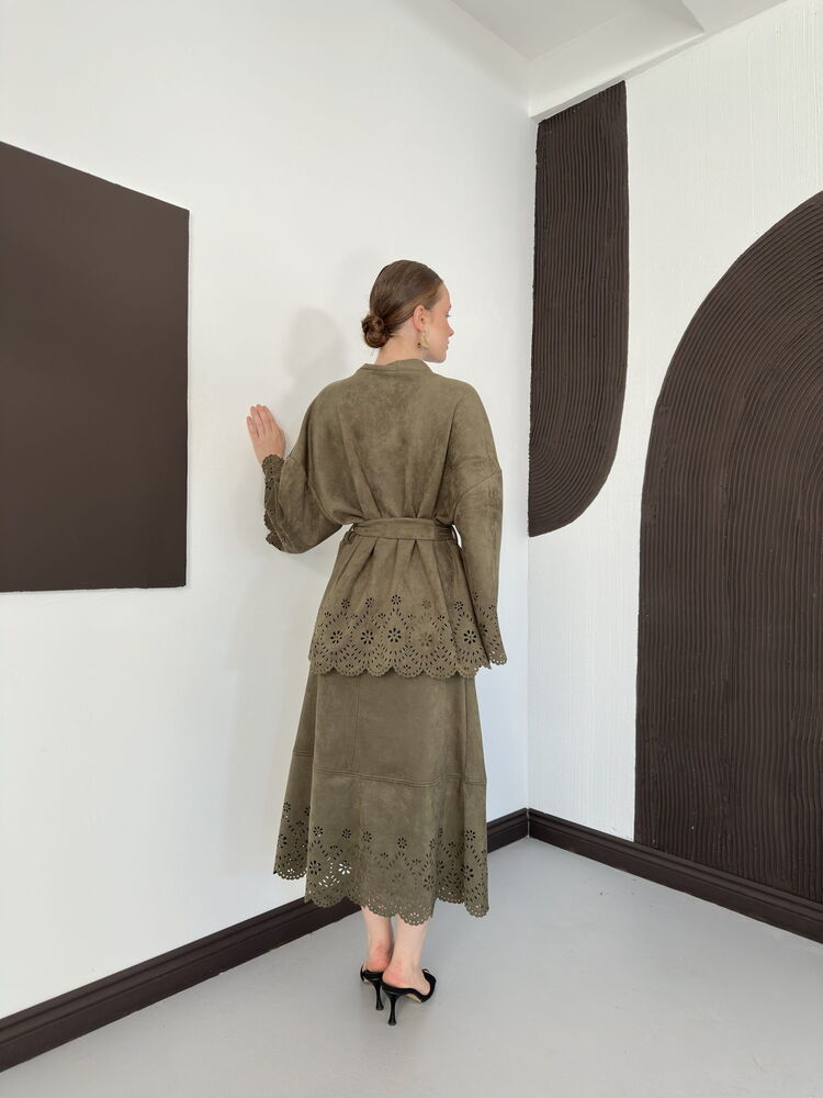 Laser-Cut Suede Kimono Jacket in Khaki