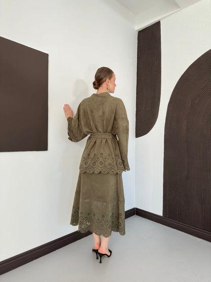 Laser-Cut Suede Kimono Jacket in Khaki