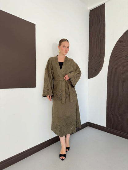 Laser-Cut Suede Kimono Jacket in Khaki