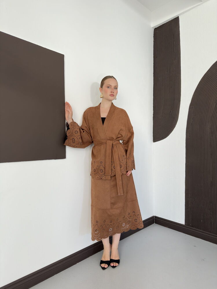 Laser-Cut Suede Kimono Jacket in Tan