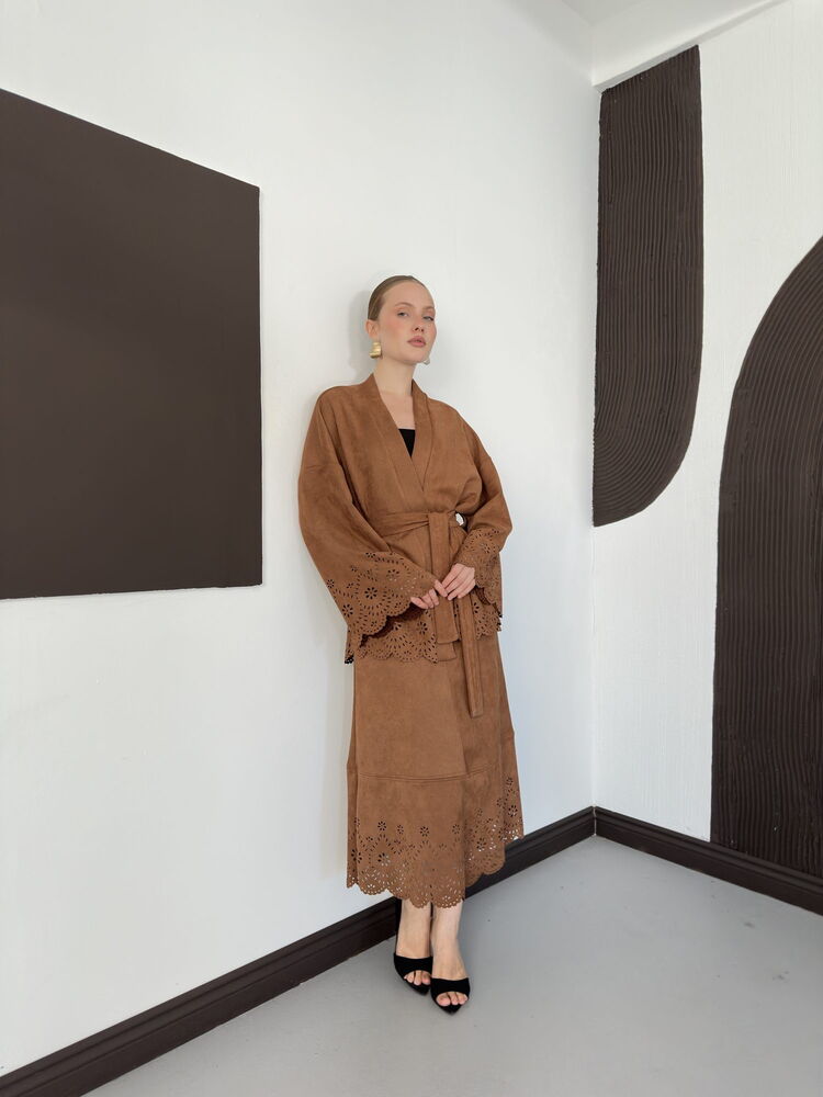 Laser-Cut Suede Kimono Jacket in Tan