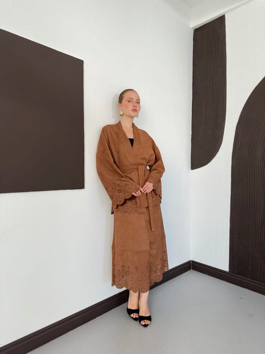 Laser-Cut Suede Kimono Jacket in Tan