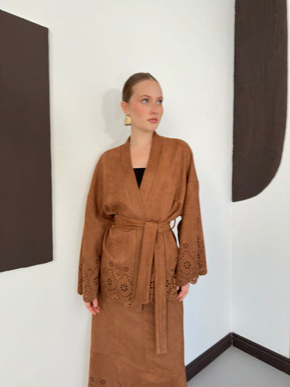 Laser-Cut Suede Kimono Jacket in Tan