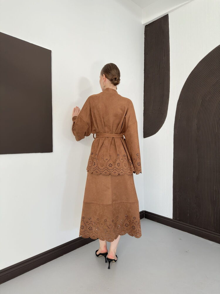 Laser-Cut Suede Kimono Jacket in Tan