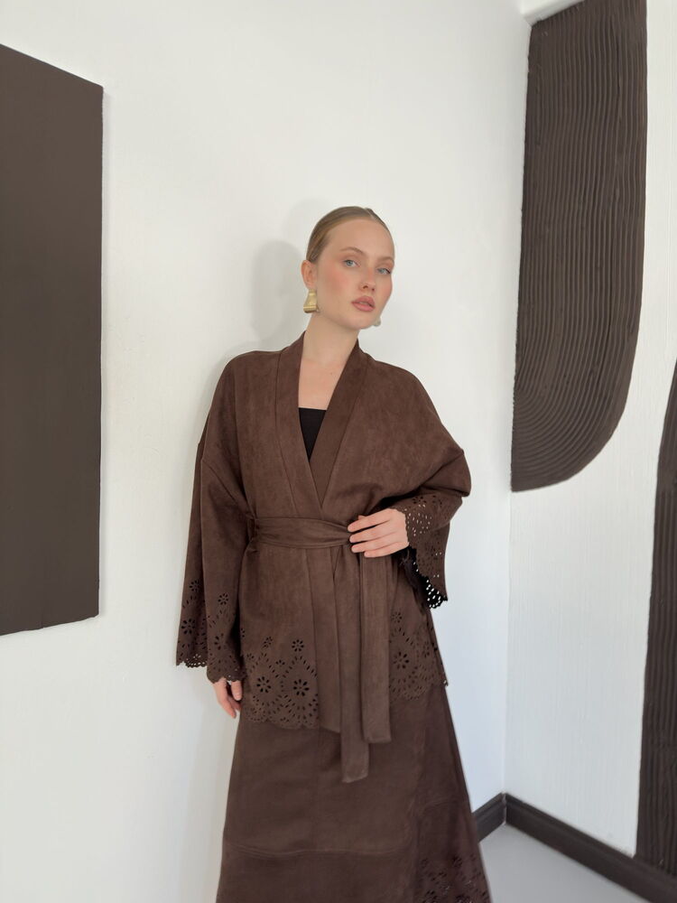 Laser-Cut Suede Kimono Jacket in Brown
