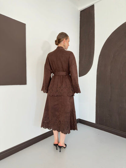 Laser-Cut Suede Kimono Jacket in Brown