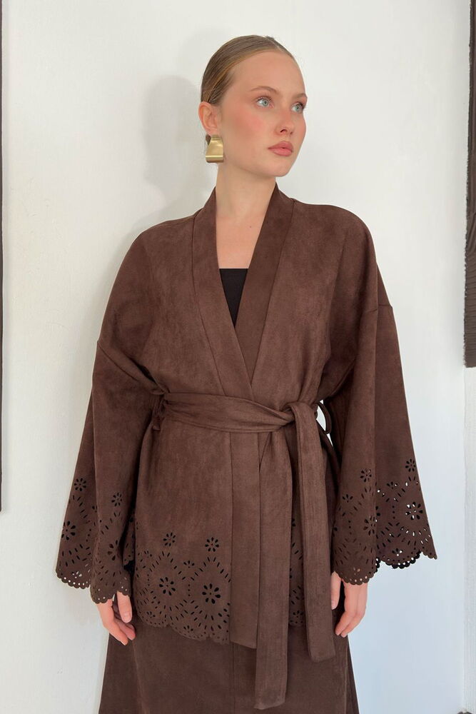 Laser-Cut Suede Kimono Jacket in Brown