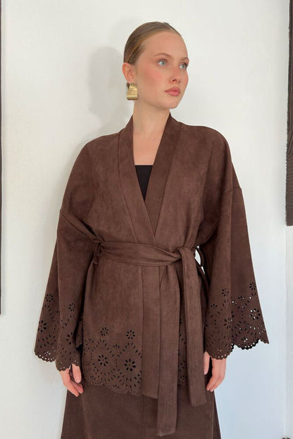 Laser-Cut Suede Kimono Jacket in Brown