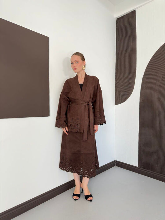 Laser-Cut Suede Kimono Jacket in Brown