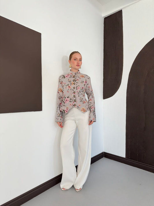 Asymmetric Floral Velvet Jacket