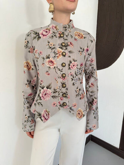 Asymmetric Floral Velvet Jacket