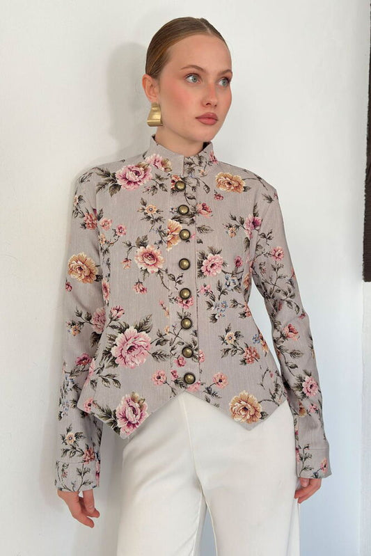 Asymmetric Floral Velvet Jacket