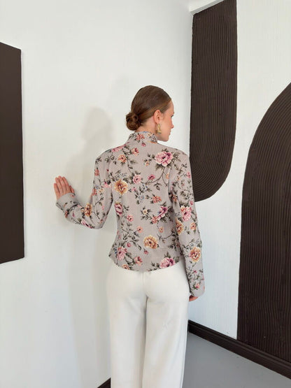Asymmetric Floral Velvet Jacket