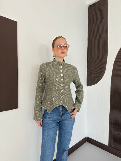 Sequin Tweed Asymmetric Jacket