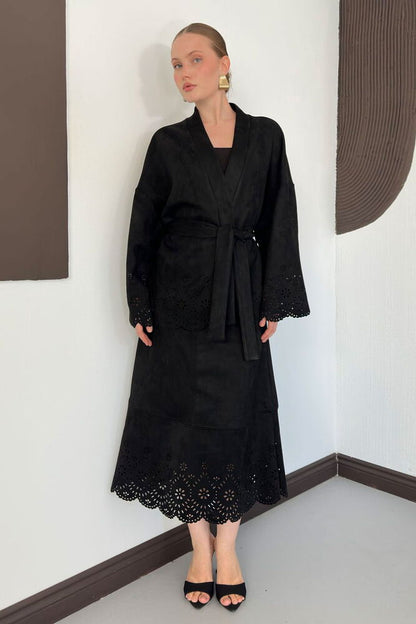 Laser-Cut Suede Midi Skirt in Black