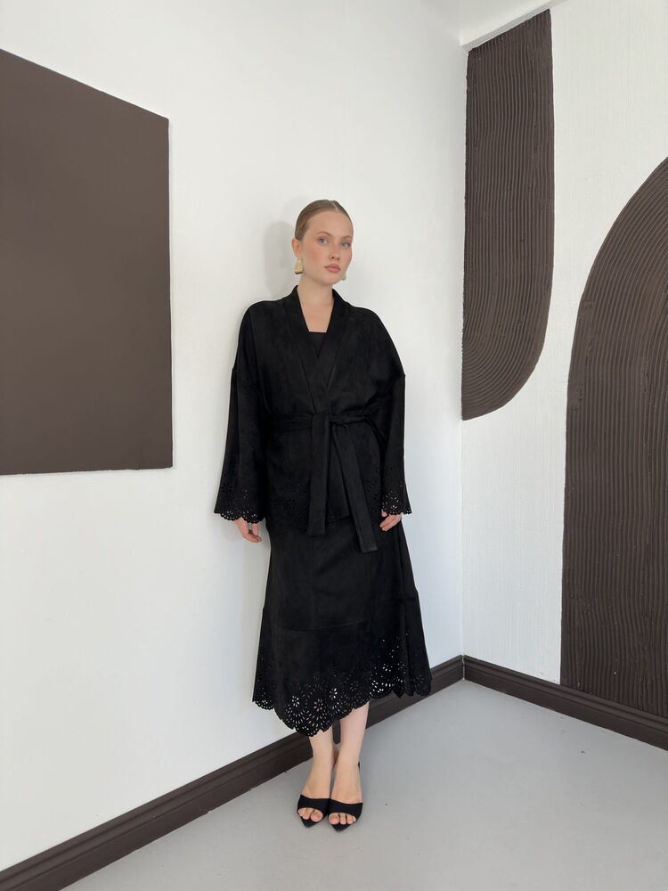 Laser-Cut Suede Midi Skirt in Black