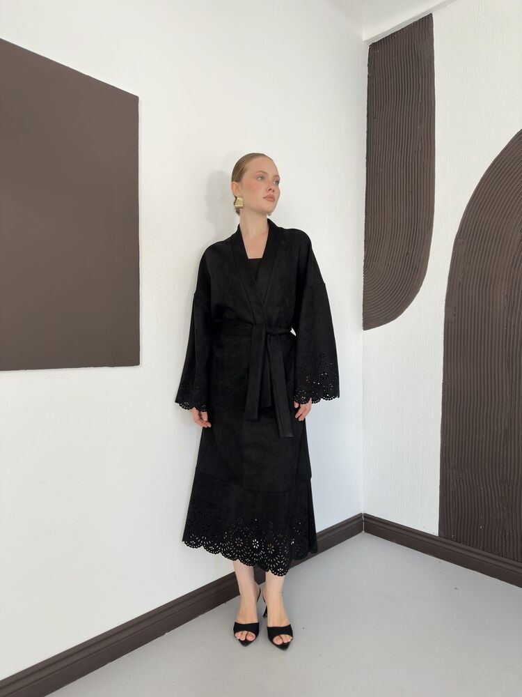 Laser-Cut Suede Midi Skirt in Black