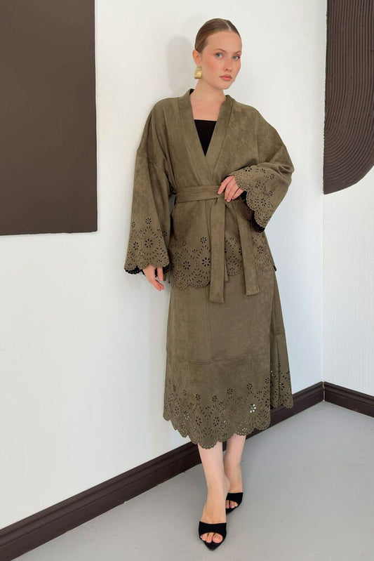 Laser-Cut Suede Midi Skirt in Khaki