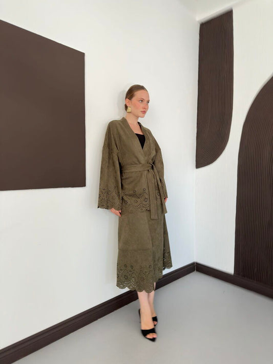 Laser-Cut Suede Midi Skirt in Khaki