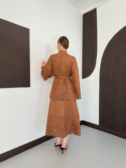 Laser-Cut Suede Midi Skirt in Tan