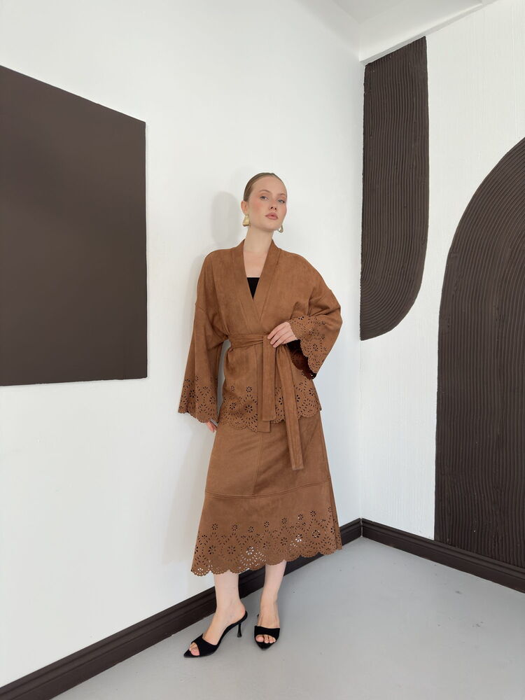 Laser-Cut Suede Midi Skirt in Tan