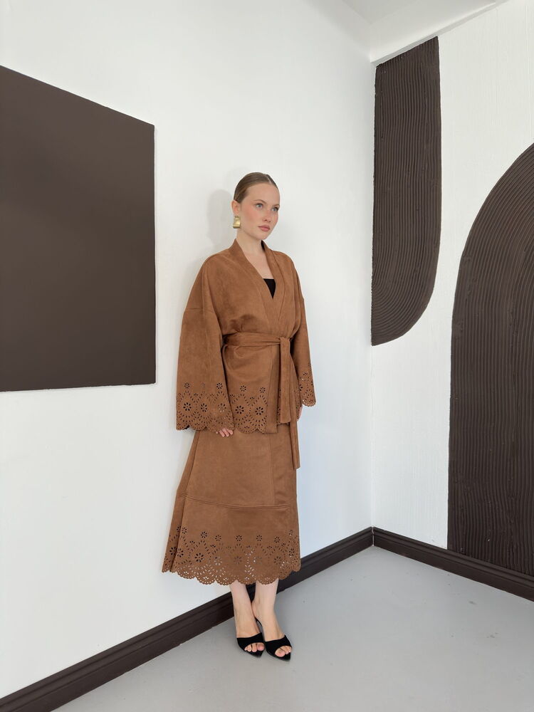 Laser-Cut Suede Midi Skirt in Tan