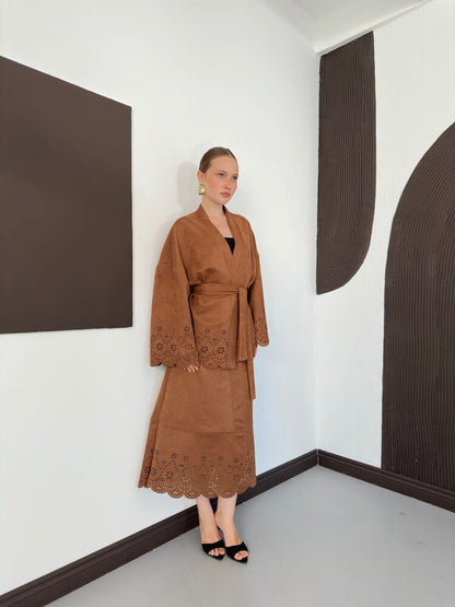 Laser-Cut Suede Midi Skirt in Tan