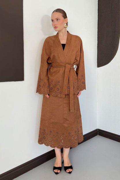 Laser-Cut Suede Midi Skirt in Tan