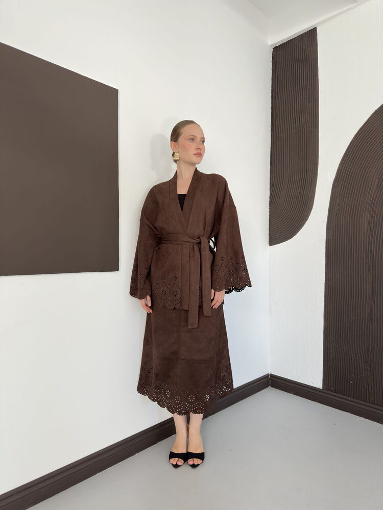 Laser-Cut Suede Midi Skirt in Brown
