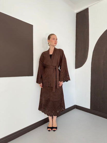 Laser-Cut Suede Midi Skirt in Brown