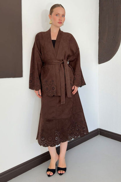 Laser-Cut Suede Midi Skirt in Brown