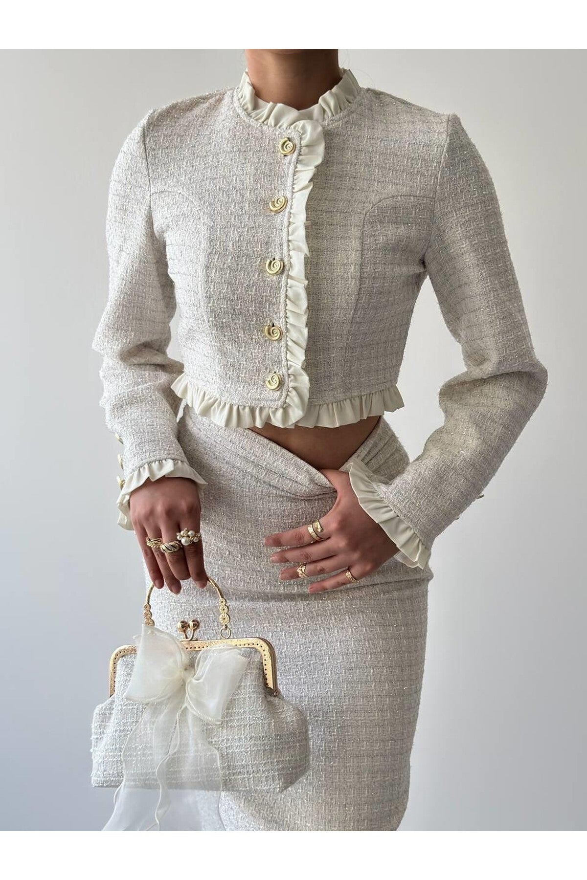 Ruffle Trim Tweed Set