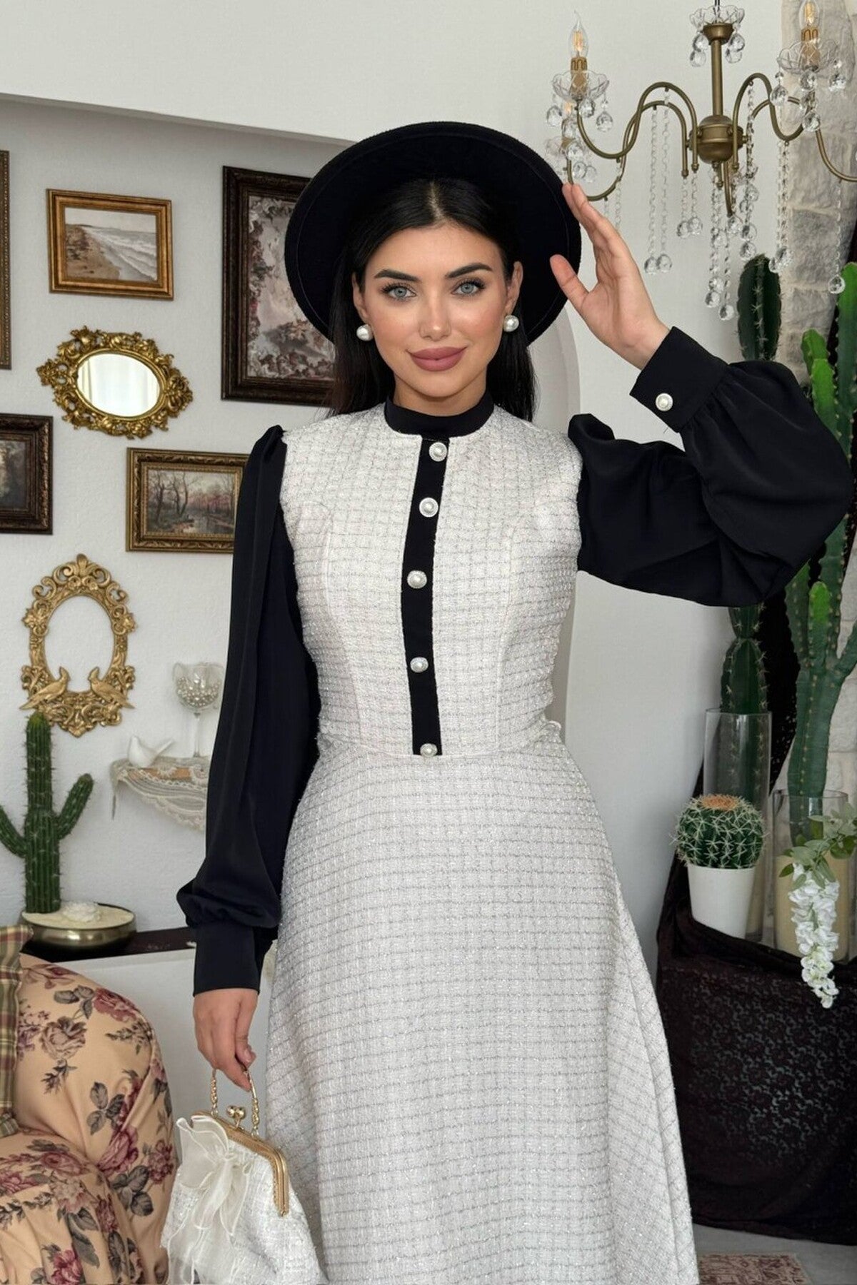 Contrast Sleeve Tweed Dress