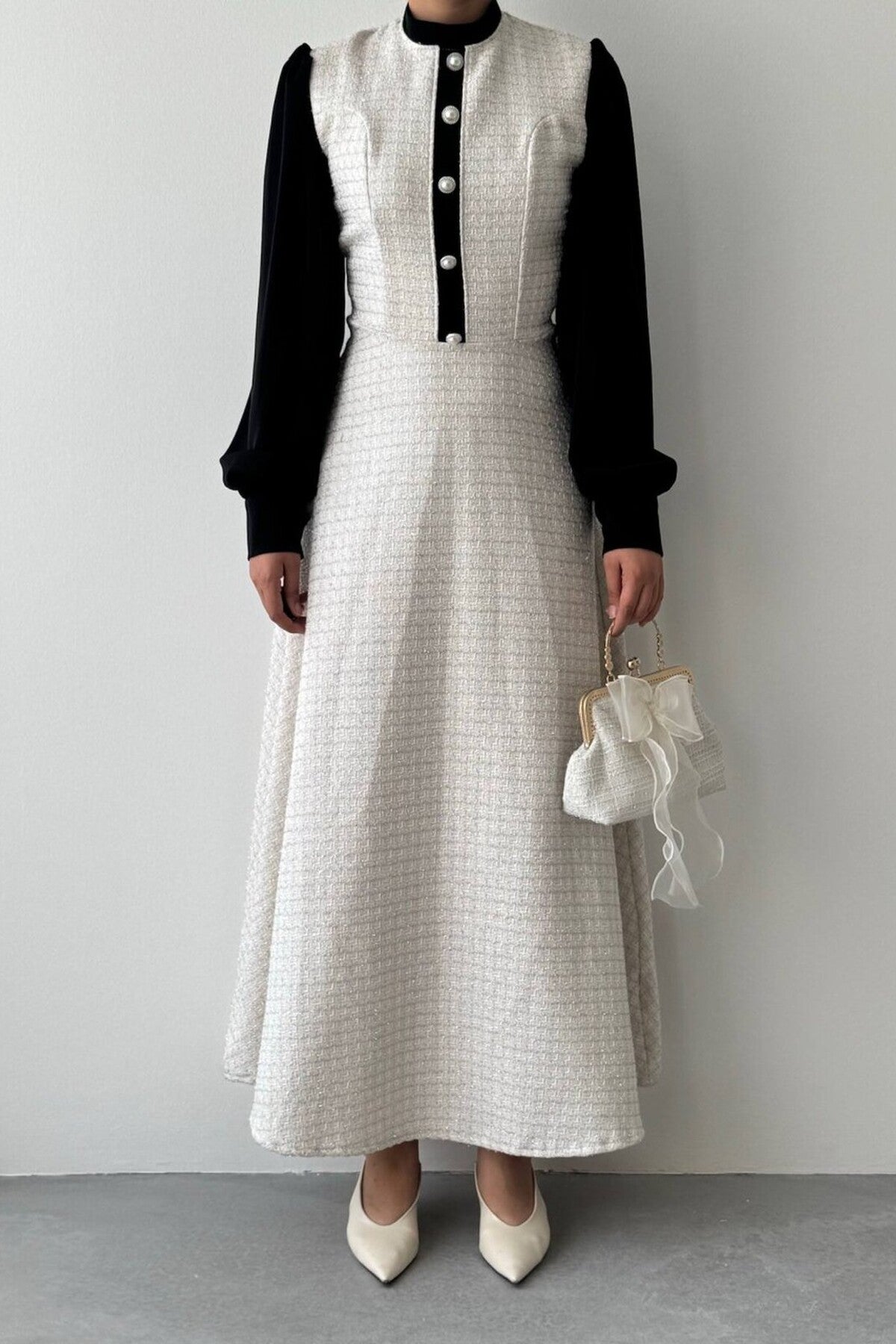 Contrast Sleeve Tweed Dress