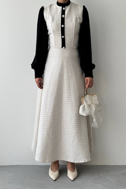 Contrast Sleeve Tweed Dress
