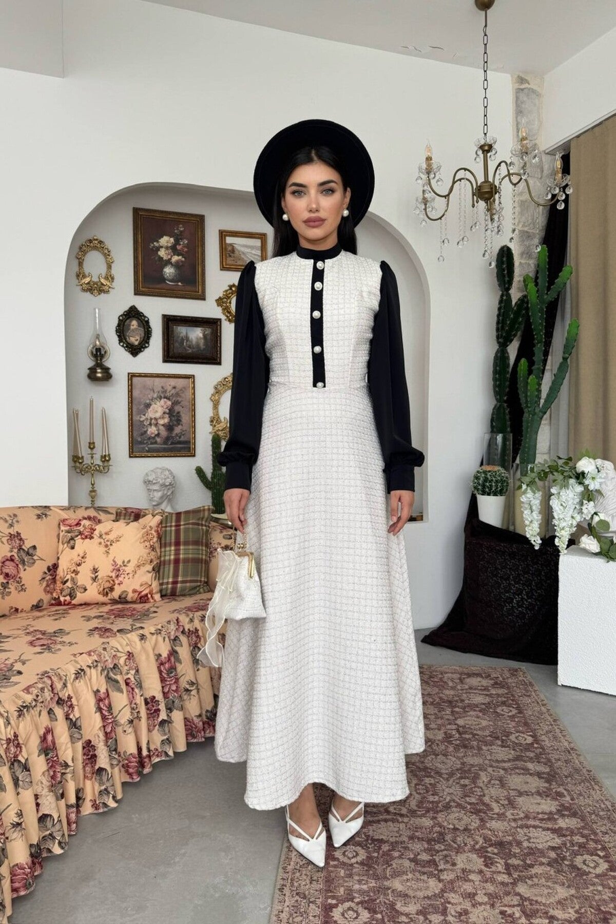 Contrast Sleeve Tweed Dress