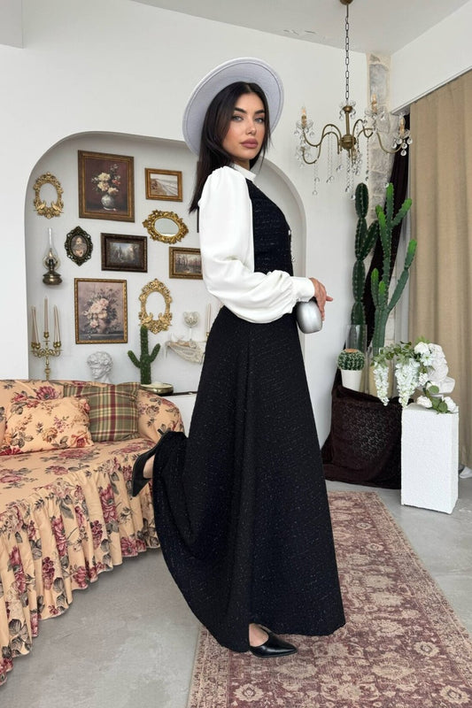 Contrast Sleeve Tweed Dress