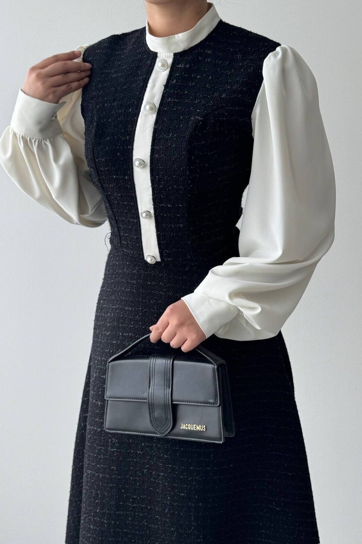 Contrast Sleeve Tweed Dress
