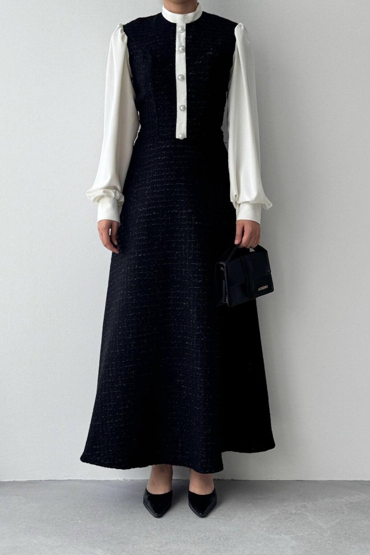 Contrast Sleeve Tweed Dress