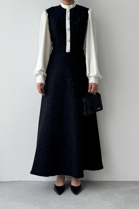 Contrast Sleeve Tweed Dress