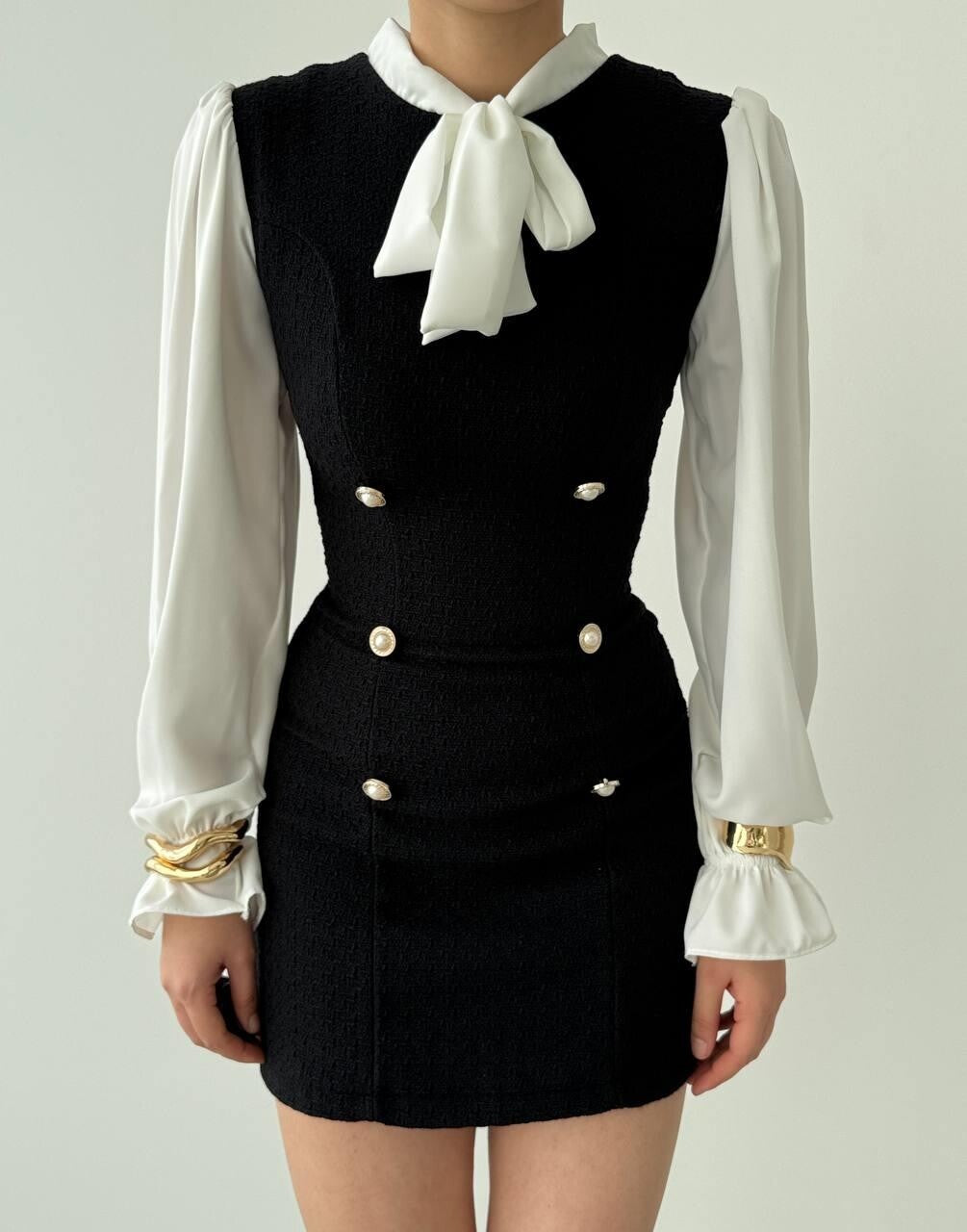 Tweed Mini Dress with Bow Blouse