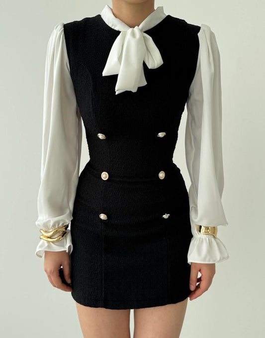 Tweed Mini Dress with Bow Blouse