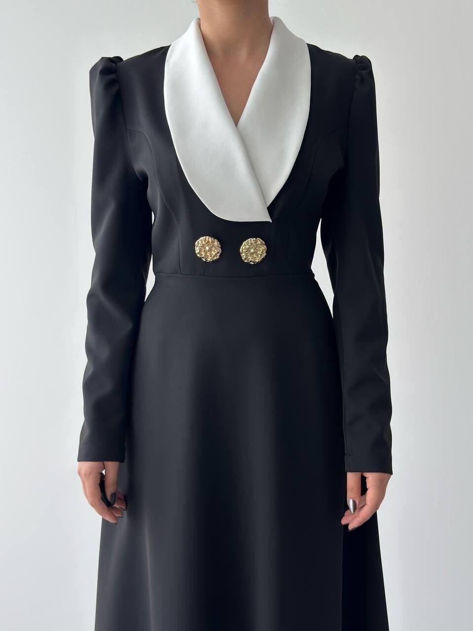 Shawl Collar Midi Dress with Gold Buttons - Black