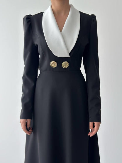 Shawl Collar Midi Dress with Gold Buttons - Black