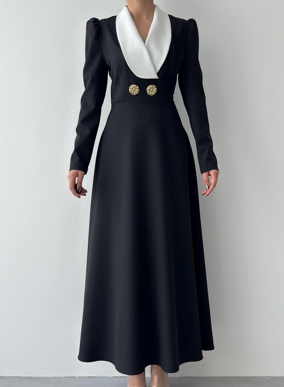 Shawl Collar Midi Dress with Gold Buttons - Black