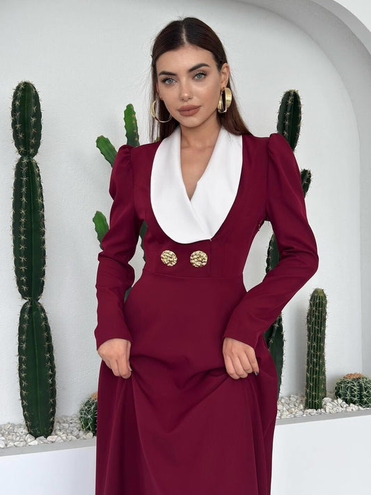 Shawl Collar Midi Dress with Gold Buttons - Burgundy