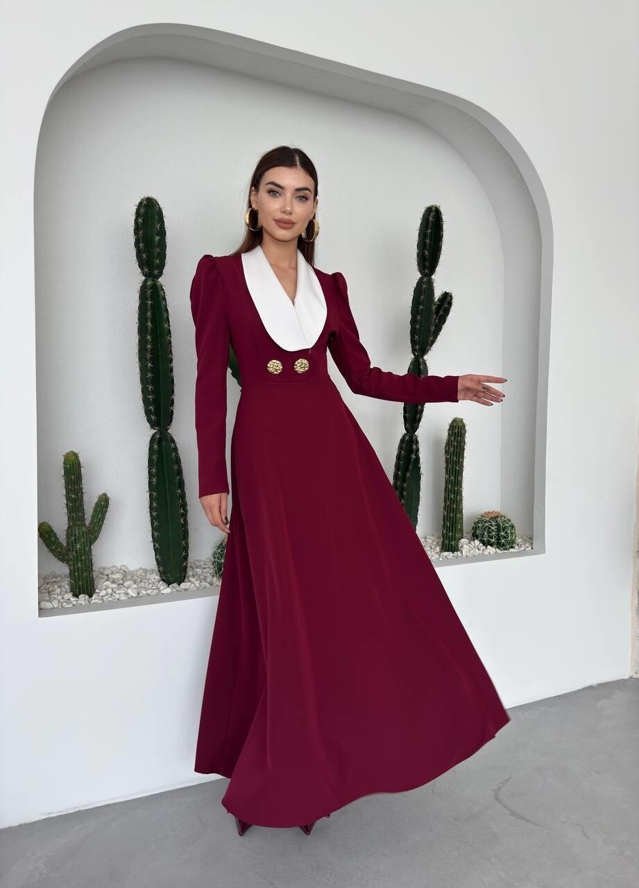 Shawl Collar Midi Dress with Gold Buttons - Burgundy